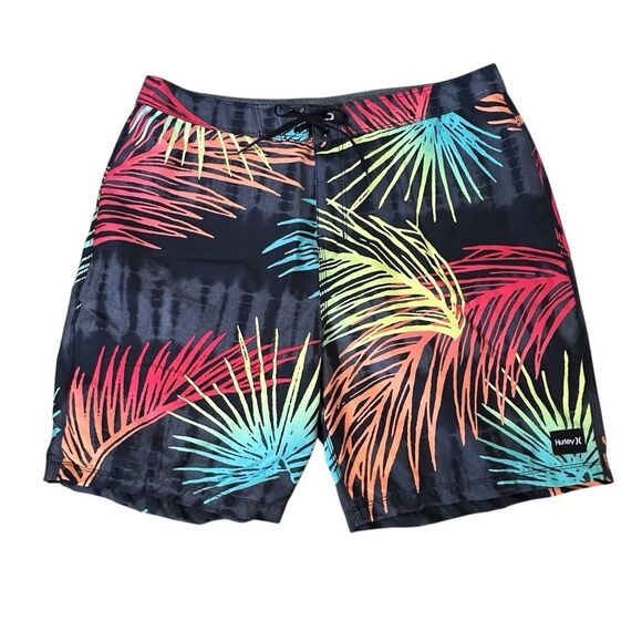 Hurley ~ Men’s Black and vibrant Multi color palm print Board Shorts ~ size 36 - Picture 1 of 11